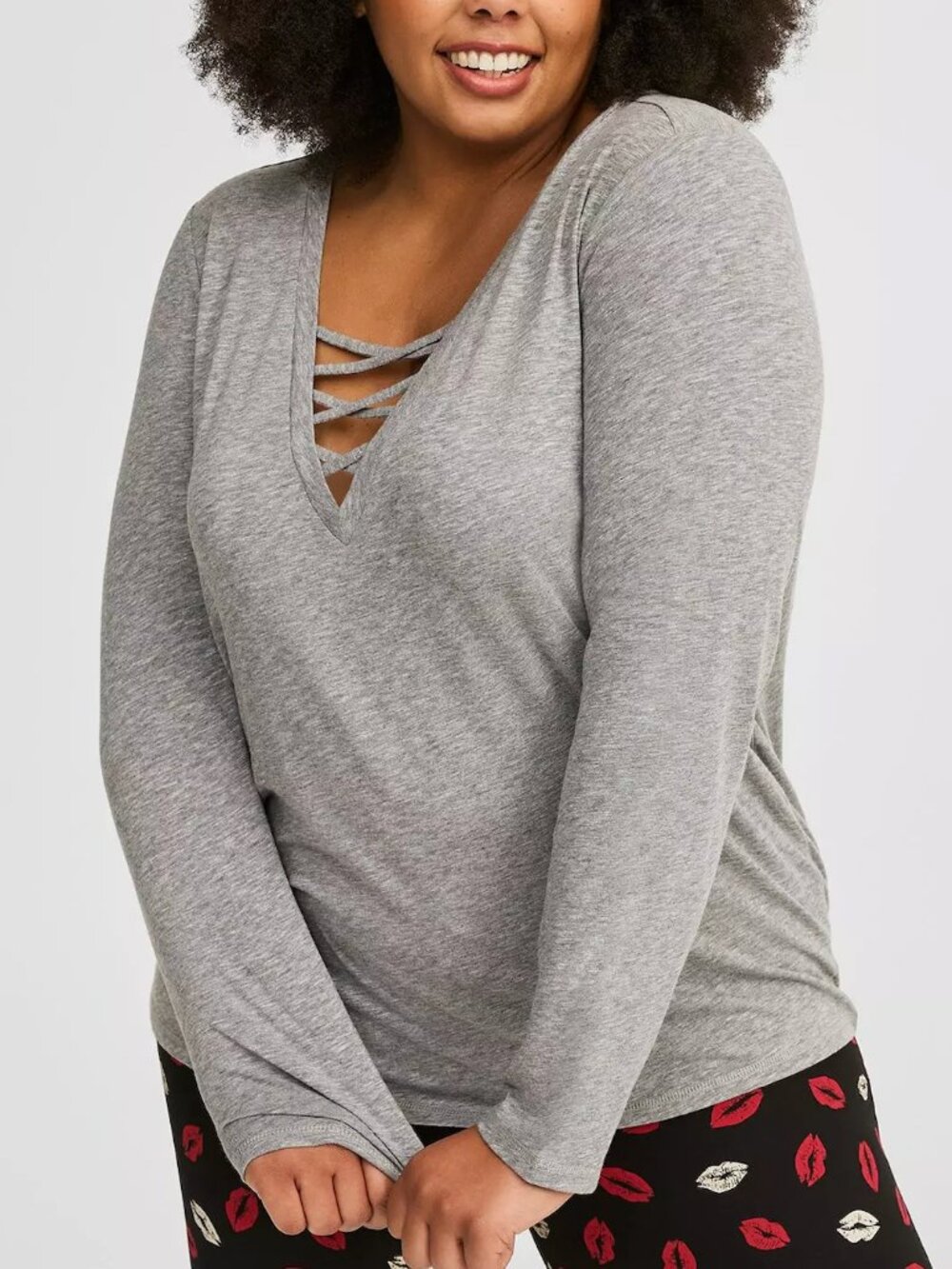 TORRID 1 Plus Size Super Soft Slub V-Neck Sleep Tee Heather Gray Long Sleeve PJs